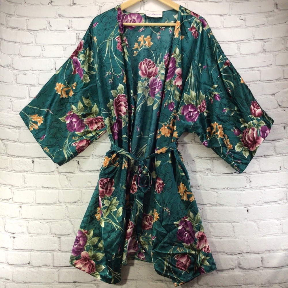 Soft Sensations Robe Womens Medium Green Print Vintage Satiny‎ See Measurements